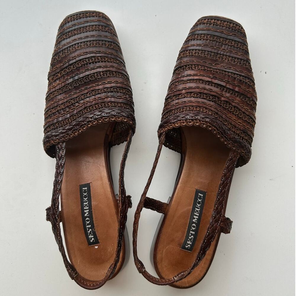 Vintage Sesto Meucci Woven Leather Slingback Sandals Brown - Made in Italy 8.5N